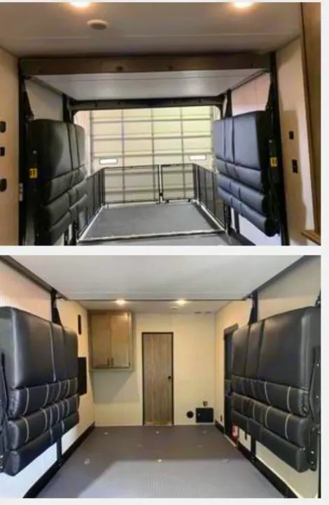 RV rental: Versatile toy hauler interior. Top view shows open ramp & folding beds; bottom shows closed garage space.. Forest River Cherokee Wolf Pack Toy Hauler 2020