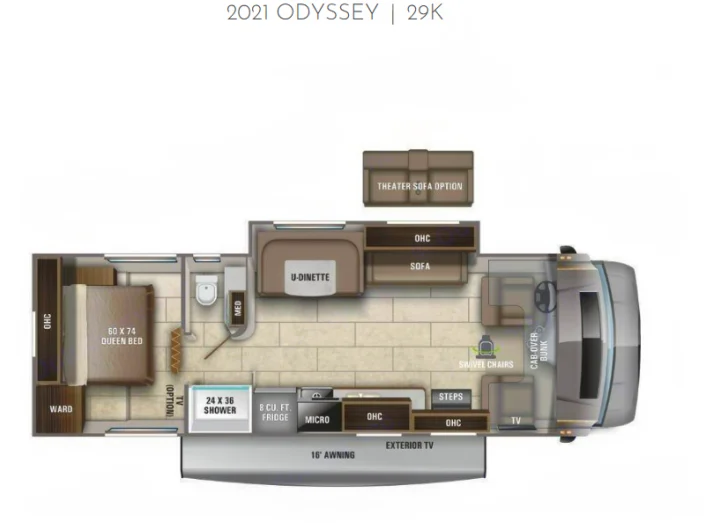 This 2021 Odyssey 29K RV rental floor plan shows a spacious interior with queen bed, bath, kitchen, dinette, sofa, and cab-over bunk.. Entegra Coach Odyssey 2021
