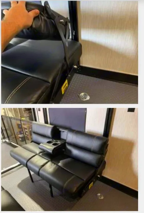 RV rental: Black leatherette seating with adjustable backrests and cup holders, ideal for a toy hauler interior.. Forest River Cherokee Wolf Pack Toy Hauler 2020
