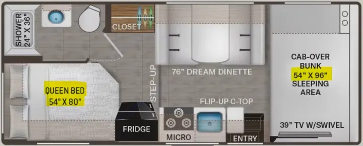 Detailed RV rental floor plan: queen bed, kitchen, bath, dinette & cab-over bunk, highlighting living space.. Thor Motor Coach Four Winds 2017