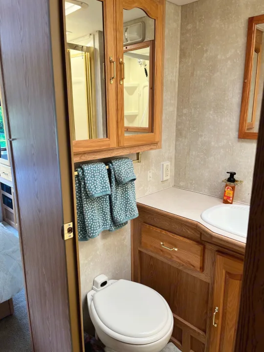 Compact RV bathroom with wood cabinetry, sink, toilet, and shower. Ideal for your next RV rental adventure.. Forest River Georgetown 2002