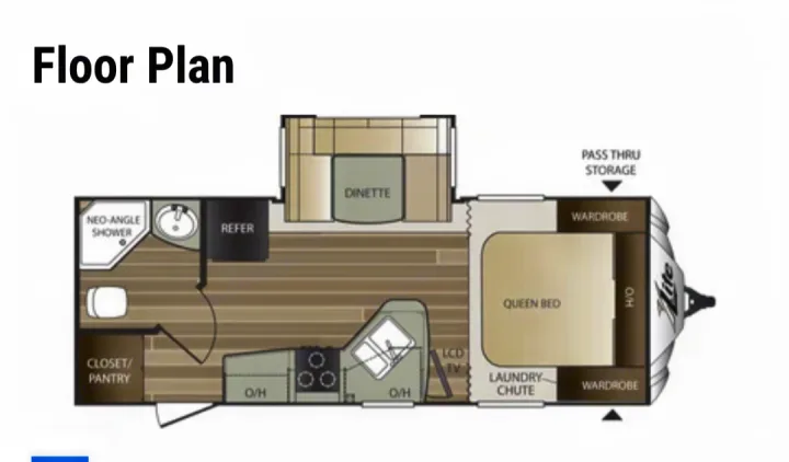 RV rental travel trailer floor plan detailing interior layout: bathroom, kitchen, dinette, queen bed, and ample storage.. Keystone RV Cougar X-Lite 2015
