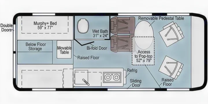 This RV rental floor plan shows a compact camper van interior layout with a Murphy bed, wet bath, kitchen, and flexible seating.. Winnebago Solis 2022