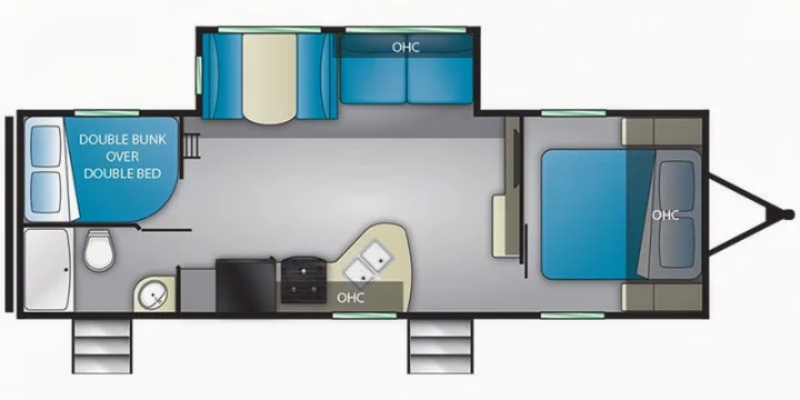 RV rental floor plan displaying a travel trailer with master bed, double bunk over double bed, kitchen, bath, and living space.. Heartland RVs Pioneer 2019