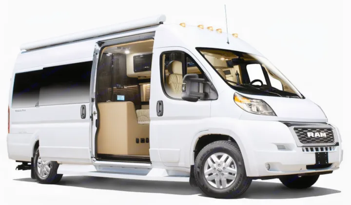 White RAM ProMaster camper van RV rental, side door open to reveal comfortable, fully equipped interior.. Ultimate Toys Ultimate Camper 2023