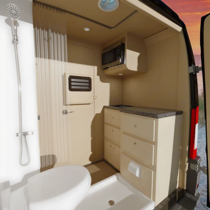 RV rental interior: compact kitchen with microwave, shower, & toilet area for mobile adventures.. Ultimate Toys Ultimate Camper 2023