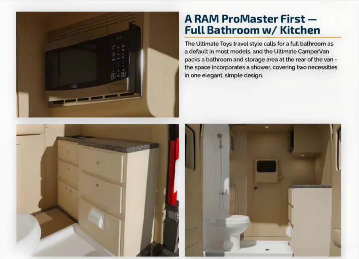RV rental: ProMaster van interior featuring a full bathroom with shower/toilet and compact kitchen with microwave.. Ultimate Toys Ultimate Camper 2023