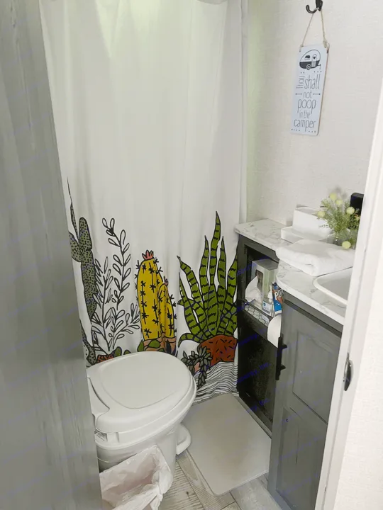 Inside an RV rental, a compact bathroom with a cactus shower curtain, toilet, and sink vanity featuring humorous camper decor.. Dutchmen Other 2021