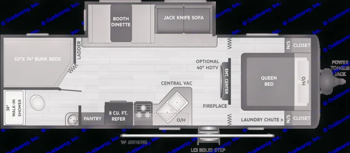 This RV rental floor plan shows a spacious travel trailer with a queen bed, bunk beds, kitchen, bath, dinette, and sofa.. Keystone RV Hideout Luxury 2021