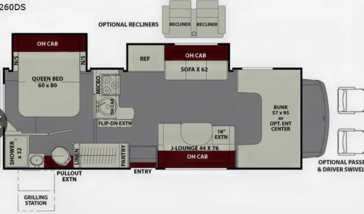This RV rental floor plan (260DS model) details the interior layout with a queen bed, kitchen, sofa, J-lounge, and bunk.. Coachman Leprechaun 260DS 2017