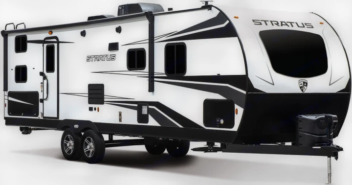 Sleek white and black Stratus travel trailer, an excellent RV rental choice for your next adventure.. Venture Stratus VBH261 2022