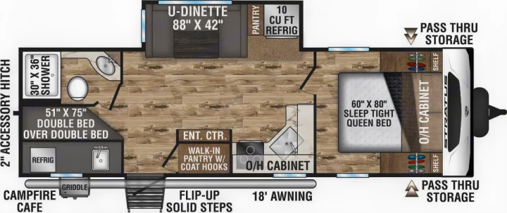 RV rental floor plan: Features queen bed, double bunks, U-dinette, full kitchen, bath, and outdoor griddle. Great for families.. Venture Stratus VBH261 2022