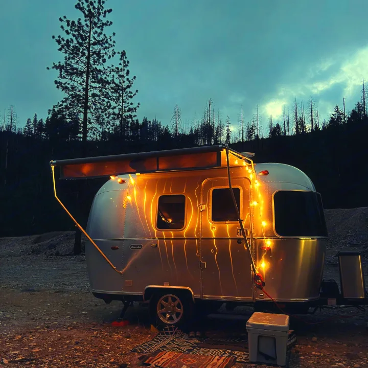 A silver Airstream RV rental brightly lit by string lights at dusk, parked on rocky ground with dark trees and a blue sky.. Airstream Bambi 2022
