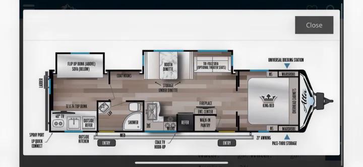 This RV rental floor plan details the interior layout, including a king bed, dinette, kitchen, and bunk beds.. Forest River Other 2022