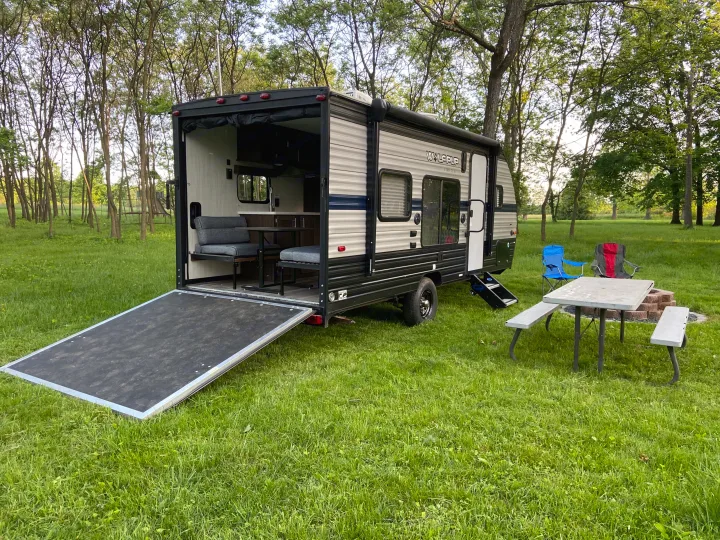 Enjoy outdoor adventures with an RV rental! This travel trailer features a ramp entry, dinette, and campsite amenities.. Forest River Cherokee Wolf Pup 2019