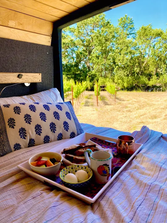 Relaxing in an RV rental with breakfast in bed: a tray holds fruit, eggs, bread, & mugs, overlooking a vineyard view.. Mercedes Sprinter 2005