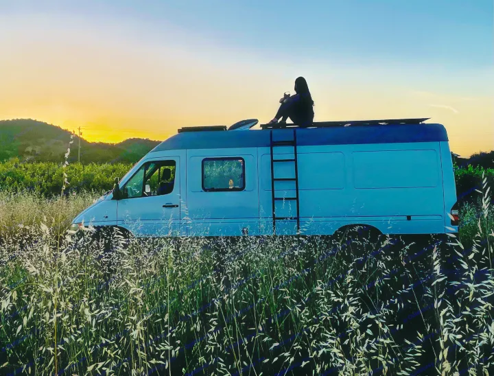 Enjoying a serene sunset from an RV rental, a person sips a drink on the camper van's roof amidst tall grass.. Mercedes Sprinter 2005