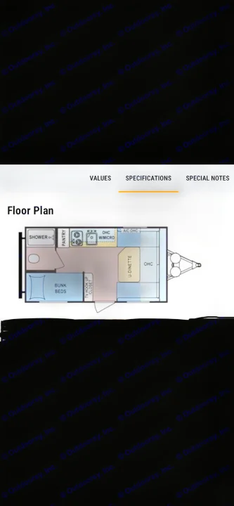 RV rental floor plan showing a travel trailer layout with bunk beds, dinette, shower & kitchen. Perfect for trips!. Dutchmen Coleman Expedition LT 2013