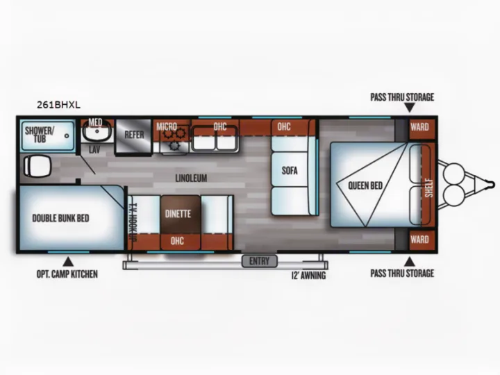 RV rental floor plan (261BHXL) with queen bed, double bunk beds, kitchen, and bath layout. Explore this spacious RV.. Forest River Salem Cruise Lite 2018