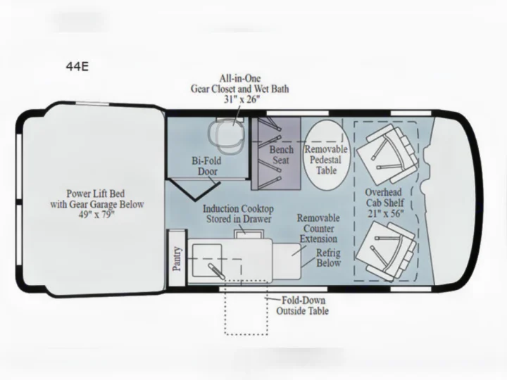 RV rental 44E floor plan showing interior layout: power lift bed, wet bath, kitchen, and seating area.. Winnebago Revel 2022