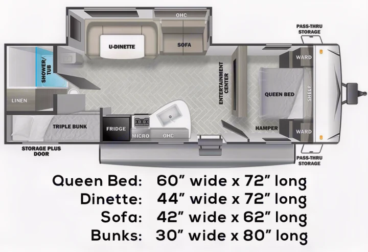 RV rental floor plan detailed layout: queen bed, triple bunk, dinette, kitchen, and bathroom. Dimensions provided for key areas.. Forest River Evo T2550 2019