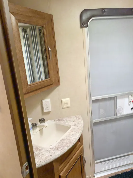 Compact RV rental bathroom: Sink, mirrored cabinet, and screen door for essential comfort.. Forest River Wildwood X-Lite 2016