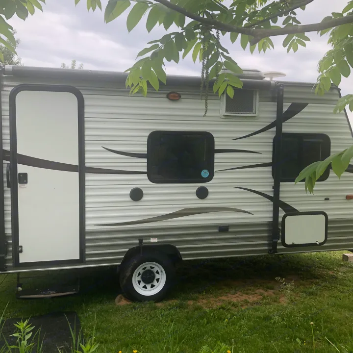 Side view of a white RV rental or travel trailer with a door and windows, parked on grass, framed by green tree leaves.. Forest River Cherokee 2014
