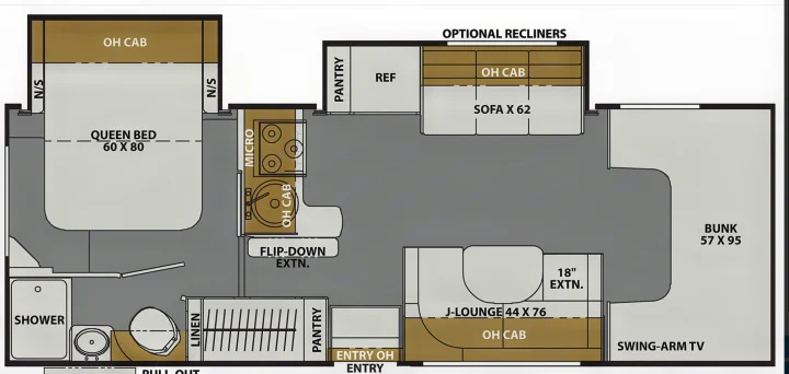 RV floor plan detailing queen bed, bunk beds, kitchen, and living areas. Ideal layout for an rv rental.. Forest River Coachmen Freelander Premier 2022