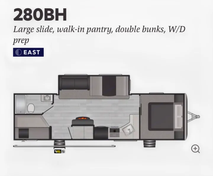 RV rental 280BH floor plan. Features a large slide, double bunks, walk-in pantry, and W/D prep for an ideal family RV.. Keystone Springdale 2022