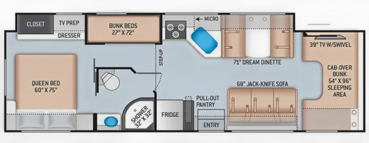 Detailed RV rental floor plan featuring queen bed, bunk beds, bath, kitchen, and living areas for spacious travel.. Four Winds 31E 2022
