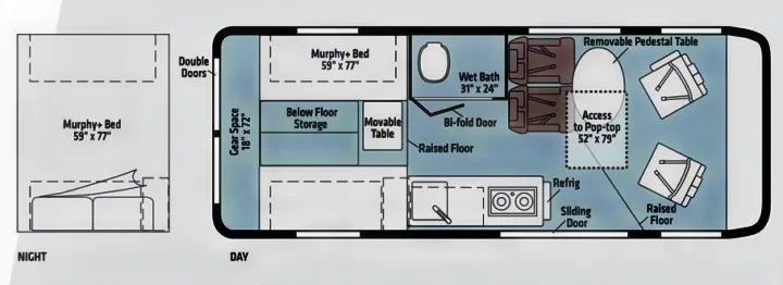 RV rental floor plan: See the versatile interior layout of a camper van with Murphy bed, wet bath, kitchen, and storage.. Winnebago Solis 2022