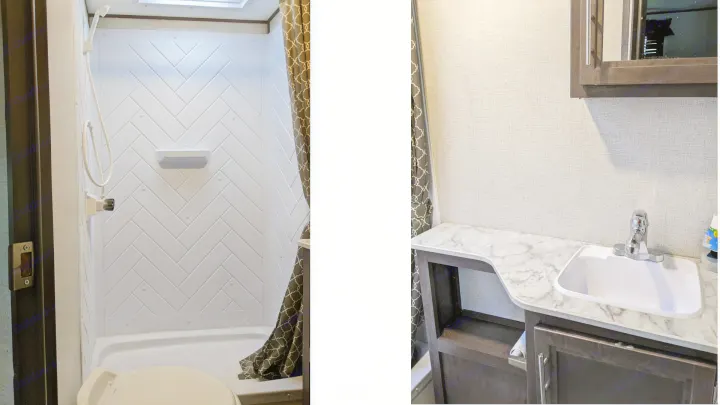 RV rental: Compact bathroom features a white herringbone shower/toilet area and a vanity with sink.. Dutchmen Coleman Light 2021