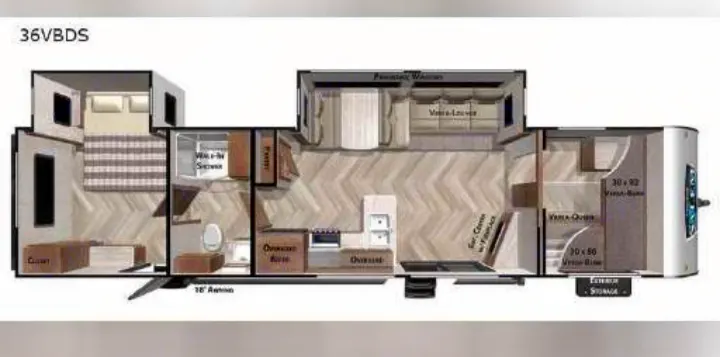 RV rental: Detailed 36VBDS floor plan showing master bed, bunk beds, kitchen, living area, and bathroom.. Salem 36VBDS 2021