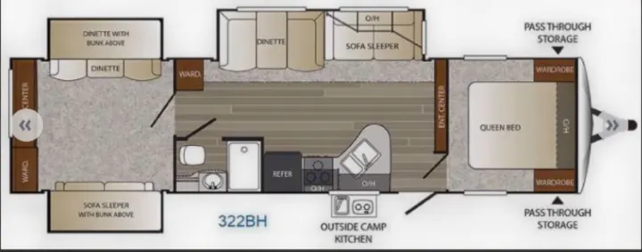 RV rental floor plan: 322BH travel trailer layout with queen bed, bunk areas, kitchen, bath, and ample storage.. Other Outback 2017