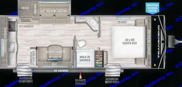 Detailed RV rental floor plan with queen bed, theatre seating, dinette, kitchen, and walk-in shower.. Grand Design Transcend Xplor 2022