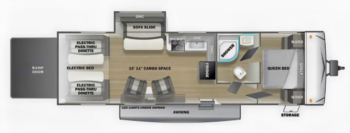 RV rental floor plan: 15'11" cargo space, electric beds/dinettes, kitchen, bath, and queen bed. Ideal for toy hauler RV adventures.. Forest River Shockwave 2022