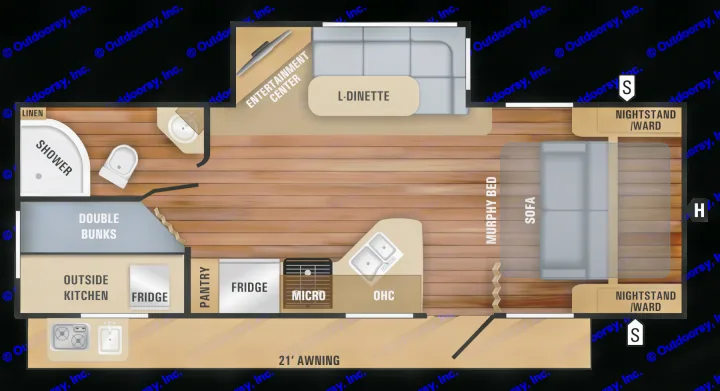 This RV rental floor plan details an L-dinette, full kitchen, bath, double bunks, Murphy bed, and outside kitchen.. Jayco White Hawk 2018