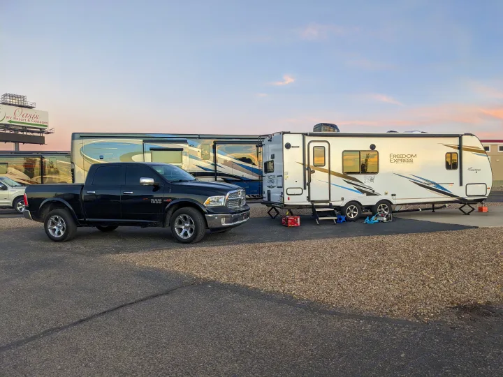 Our trailer on a road trip through Texas.. Forest River Freedom Express 246rks 2022