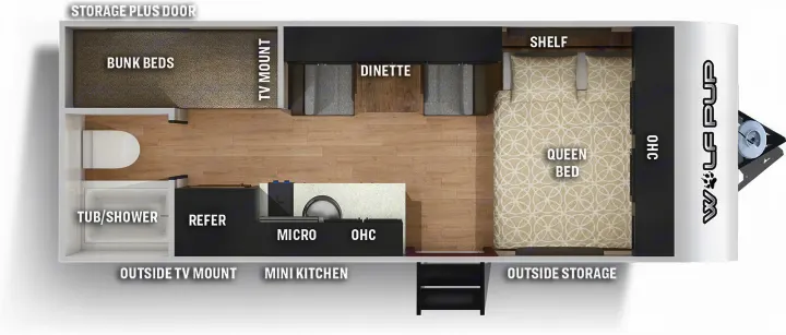 RV rental floor plan: queen bed, bunk beds, dinette, kitchen, and bath layout. Ideal for camper travel planning.. Forest River Cherokee Wolf Pup 2022