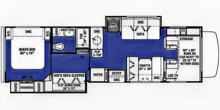 This RV rental floor plan shows a spacious interior with a queen bed, dinette, kitchen, bath, and varied sleeping options.. Forest River Sunseeker 2017