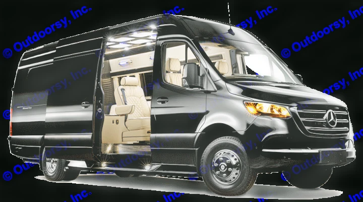 Experience luxury: Black Mercedes-Benz Sprinter van for RV rental, showcasing its plush cream interior with ambient lighting.. Ultimate Toys Ultimate Traveler 2023