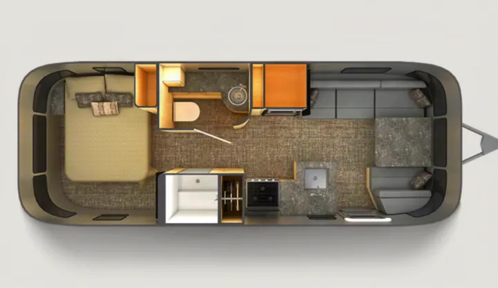 Detailed RV rental floor plan illustrating a bedroom, bathroom, kitchen, and convertible living/dining area. Plan your adventures.. Airstream Flying Cloud 25RB 2022