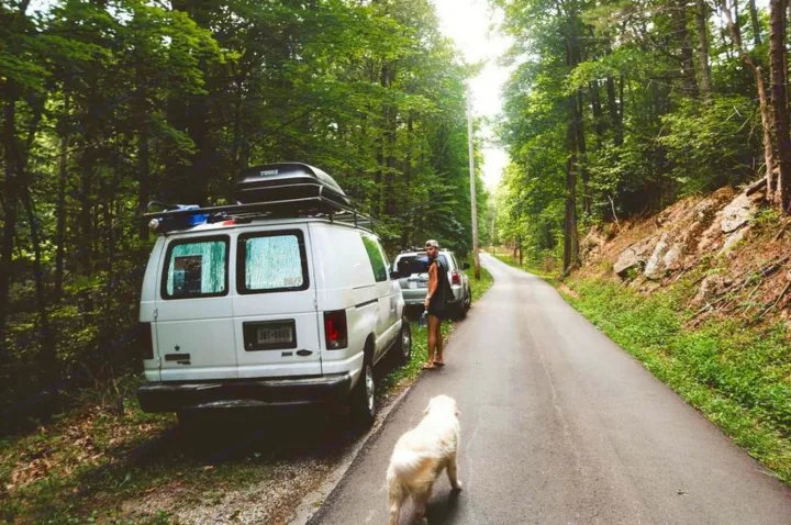 Roadside stop: a white rv rental van with gear, a person, and a dog on a scenic forest road.. Ford Ford E350 2011
