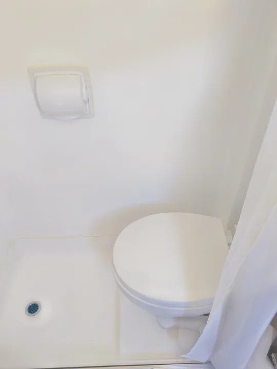 Compact RV rental bathroom featuring a toilet, integrated shower pan, and white shower curtain for efficient use of space.. Regency RV National Traveler 2019