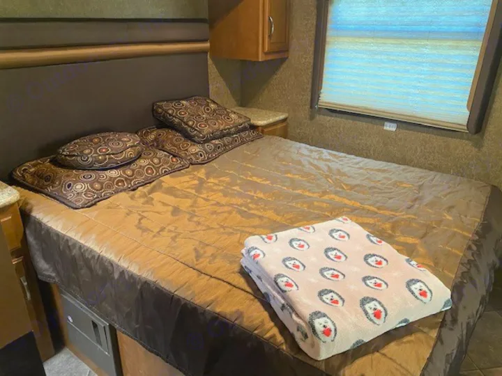 Cozy RV rental bedroom with a comfy bed, decorative pillows, and a cute hedgehog blanket.. Thor ACE 2015