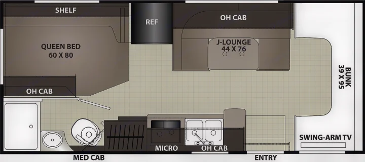 RV rental floor plan: View the detailed interior layout of this camper, featuring queen bed, kitchen, bath, lounge & bunk.. Forest River Coachmen Cross Trail XL 2022