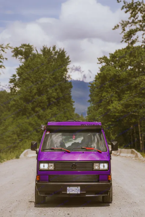 Vibrant purple VW Westfalia camper van on a dirt road, framed by trees & mountains. Perfect rv rental for adventure!. Volkswagen Vanagon 1991