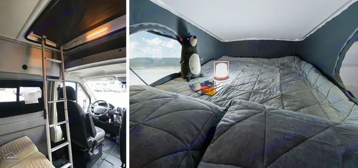 RV rental interior: Ladder leads to a cozy elevated bed with plush grey bedding, a lamp, and scenic water view.. Winnebago Solis 2023
