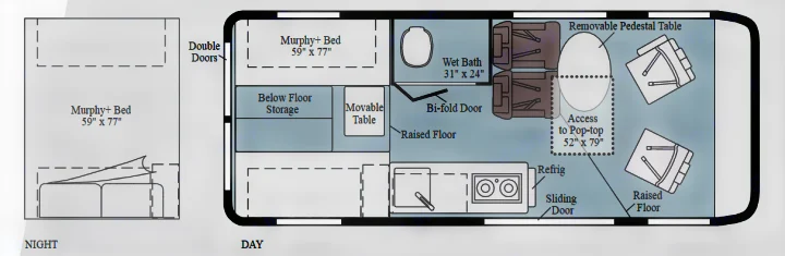 RV rental interior floorplan: day/night layout for a camper van, showing a bed, bath, kitchen, dining, and pop-top access.. Winnebago Solis 2023