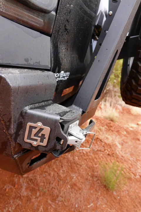 Dusty C4 Fabrication rear bumper & hitch on an off-road vehicle, ready for remote exploration, unlike a typical RV rental.. Toyota 4Runner 2013